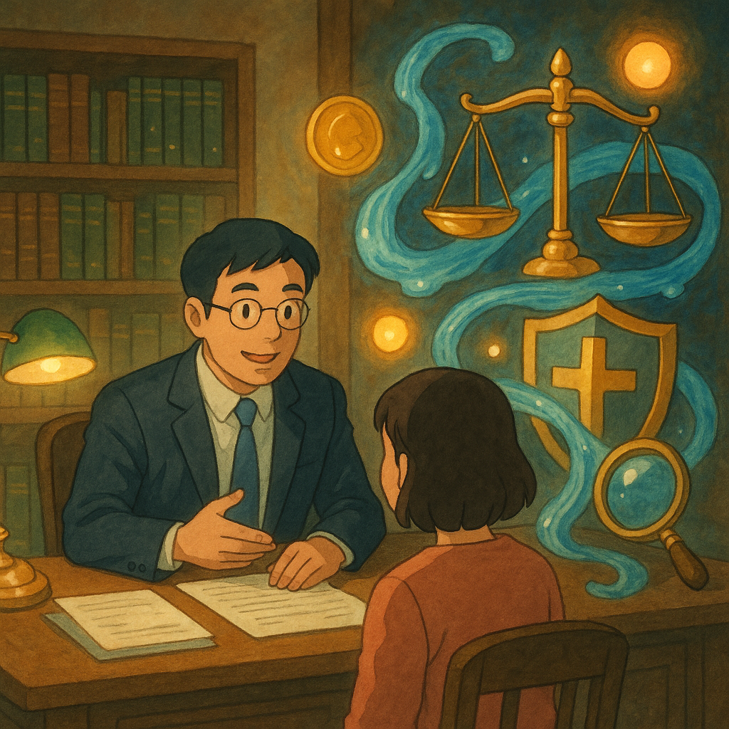 吉卜力風手繪場景:柔光律師事務所內,台灣人律師與民眾諮詢;金幣化為清澈水流繞過天秤、盾牌與放大鏡,漂浮暖光球象徵常見問題,氛圍溫暖魔幻,畫面無文字。