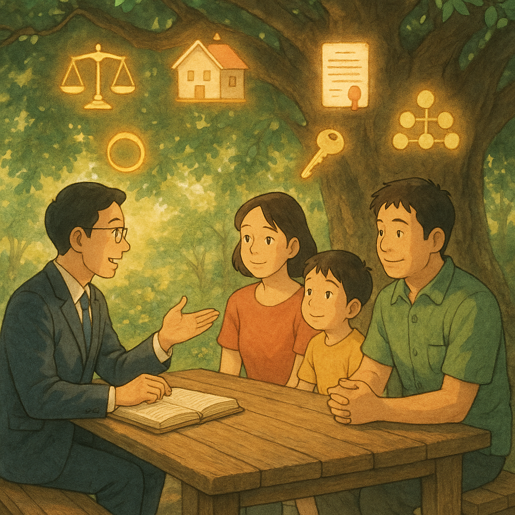 吉卜力風格高解析度暖色插畫:台灣律師與三口台灣家庭在榕樹下木桌諮詢。自然光灑落,手繪質感。漂浮象徵繼承的圖示:天秤、房屋、印章文件、鑰匙、戒指、家族樹與硬幣,化作常見問題的微光。場景沉浸、溫柔無文字。