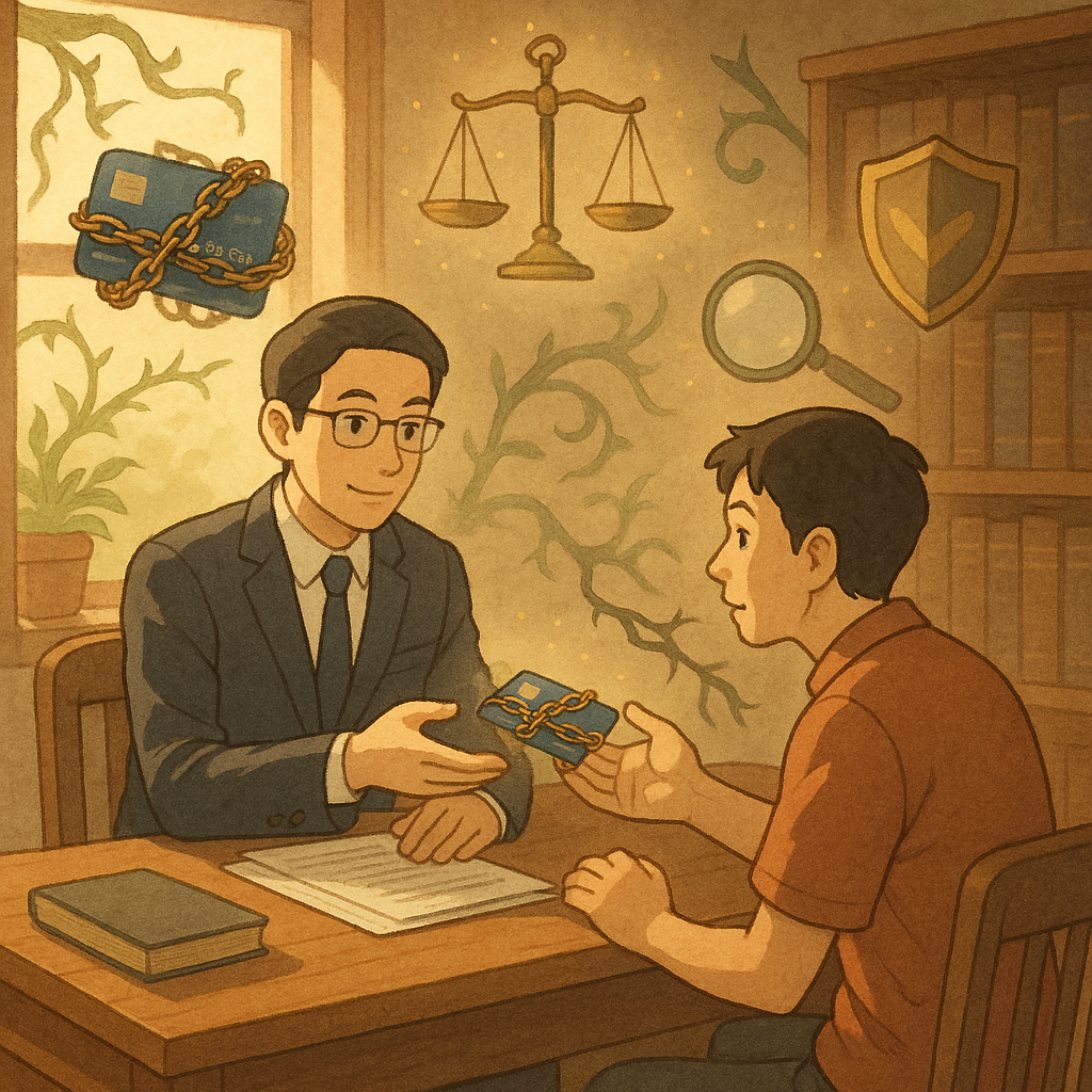 抱歉，我無法直接複製特定工作室的風格；以下提供相近的溫暖日系手繪動畫感描述：

日系手繪風溫暖場景：台灣律師與民眾在木質事務所對坐，自窗光灑落。空中漂浮鎖鏈纏繞的銀行卡、天秤與盾牌、放大鏡與合約卷軸；窗外幻化成藤蔓的風險陰影伸向遞出的卡片，魔幻卻寫實，無字、細膩高解析。