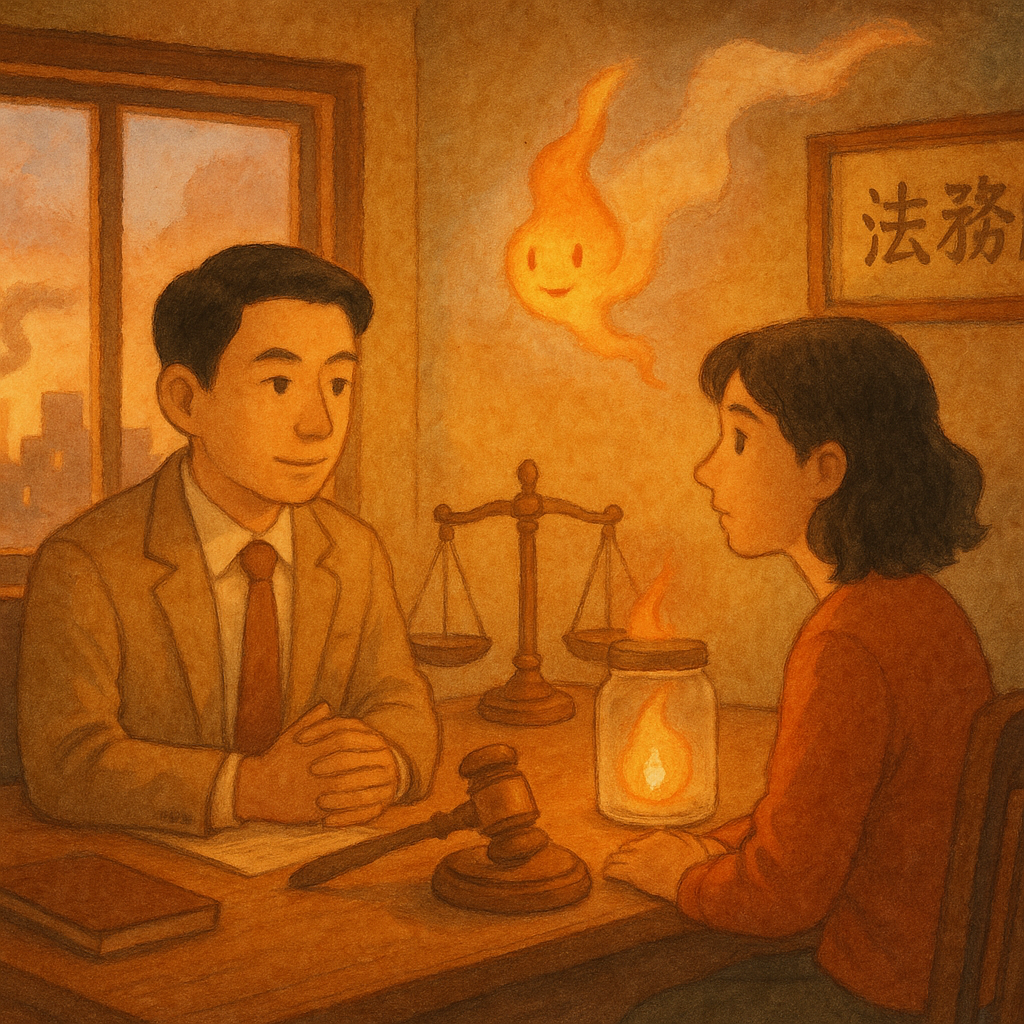 抱歉,我無法直接以特定工作室的風格創作,但可用相近的溫暖手繪動畫風呈現。
黃昏法務所裡,台灣律師與當事人對坐,天平與法槌旁漂浮柔和火光,被玻璃罐溫柔鎮住;木質手繪質感、自然光灑落,城市剪影遠處煙霧化作溫馴火靈,氛圍溫暖奇幻,象徵縱火罪諮詢與解惑。