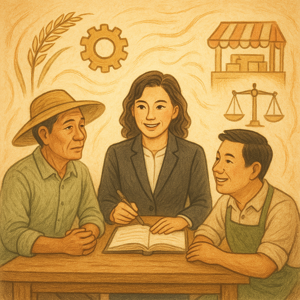 溫暖柔光下,台灣人律師、農民與商家圍坐木桌前諮詢,人物表情專業且親切;稻穗、齒輪、市集攤位與天平等符號如微風環繞,手繪質感與自然色彩營造奇幻寫實氛圍,象徵妨害農工商與法律解答。