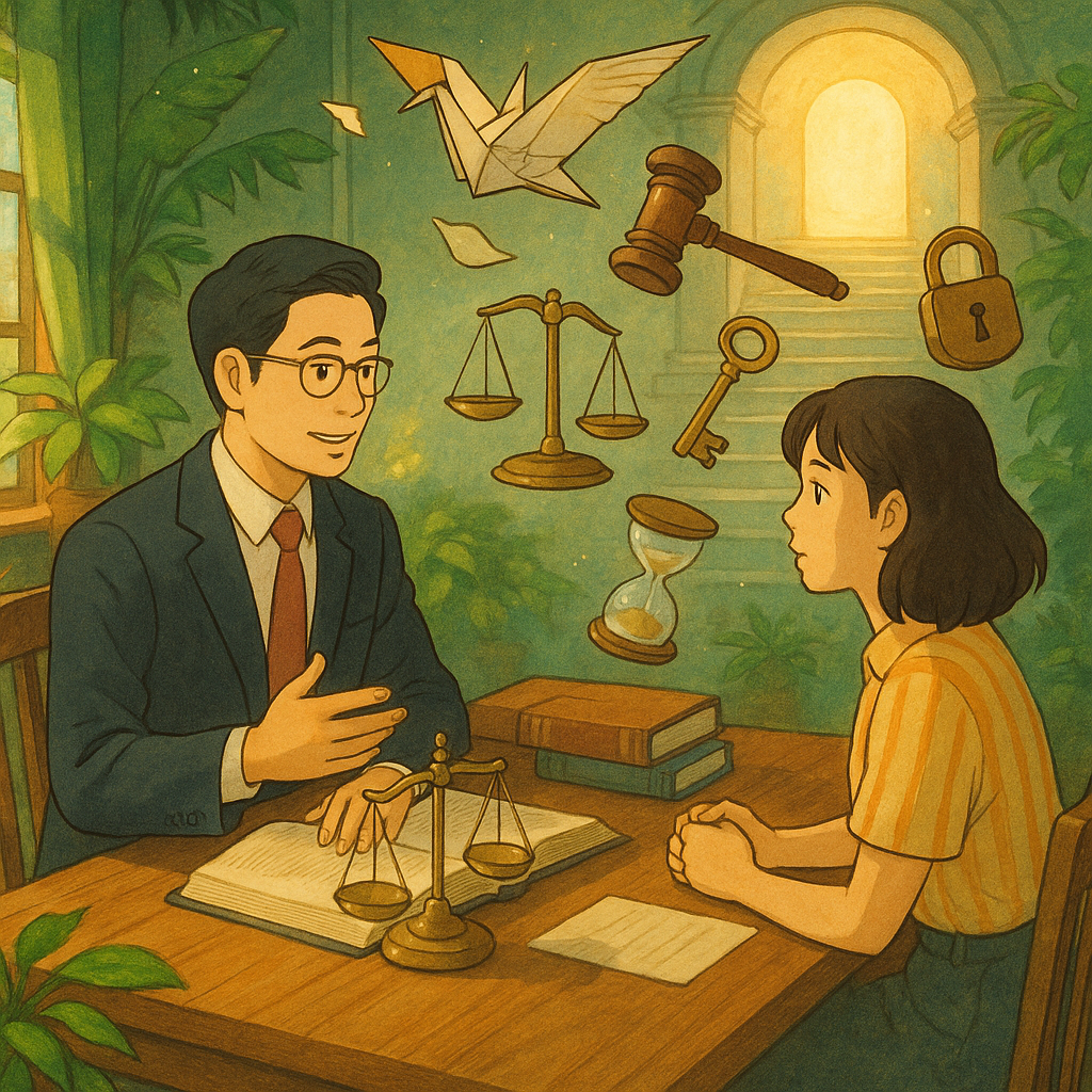 吉卜力風格場景:台灣人律師與當事人在木桌前諮詢,陽光柔灑;卷宗化作紙鶴、天平、法槌、鑰匙、解鎖的鎖頭與沙漏在空中盤旋;遠處半透明法院階梯通往光門,綠植與手繪質感,無文字。