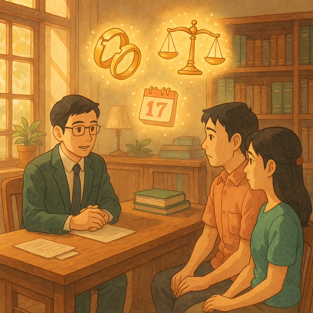 吉卜力式電影感:溫潤陽光灑入木質事務所,一位台灣律師正溫和諮詢一對台灣夫妻;空中漂浮發光的象徵物—裂痕婚戒、天秤、日曆與信封—化作微光環繞。高解析度手繪質感與柔色呈現侵害配偶權常見疑問的暖心奇幻場景。