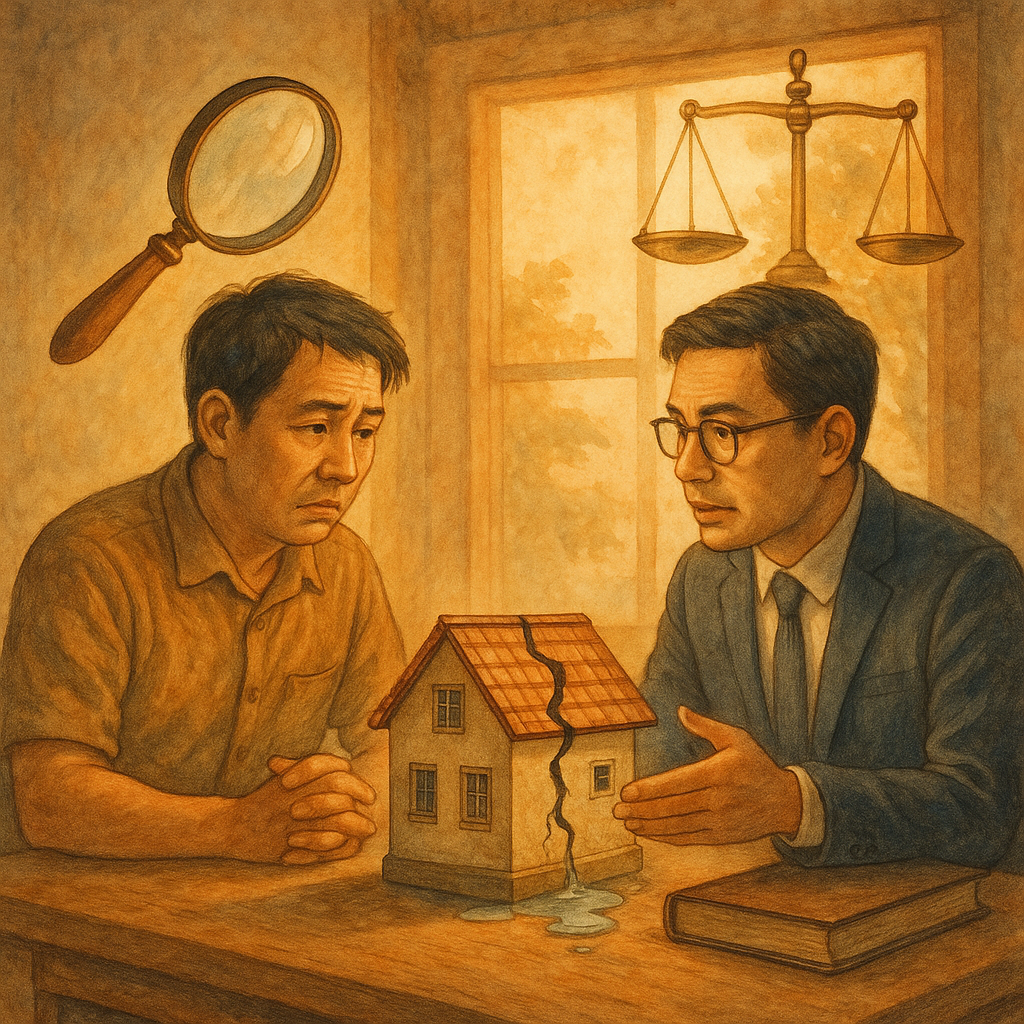 抱歉,我無法直接使用特定當代工作室的風格;以下為相近氛圍的描述:
黃昏柔光下,台灣屋主與專業律師對坐,小屋模型現裂縫與滲水,放大鏡與天秤漂浮指引;自然光灑落,手繪質感、細膩寫實與溫暖奇幻平衡,無文字。