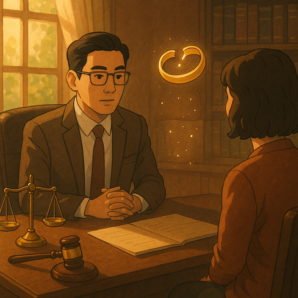 抱歉,我無法直接使用特定創作者的風格;以下是相近的溫暖奇幻手繪動畫風描述:
高解析、奇幻電影感的手繪動畫風;暖色自然光灑入律師事務所,台灣人律師與當事人沉穩對談,桌上天秤與法槌、無字卷宗旁浮現破裂戒指與光點,象徵婚外情訴訟的結論與行動建議。