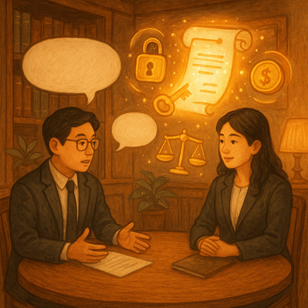 溫暖奇幻手繪風中，兩位台灣律師在木質事務所圓桌諮詢，旁有無字對話氣泡漂浮；發光契約卷軸化作鎖與鑰、天秤與硬幣環繞，象徵背信罪與信託責任，柔光自然、質感細膩，畫面無文字。