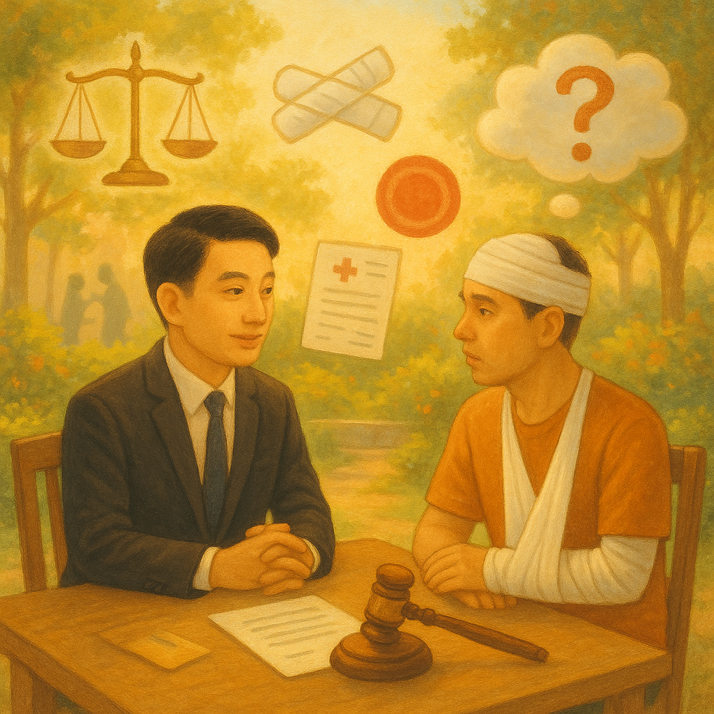 溫暖自然光下的奇幻律所庭園，一位台灣律師與受傷民眾對坐諮詢；柔和筆觸中漂浮天秤、繃帶、醫療單據、法槌、紅色圓印符號與問號雲朵，遠處映著爭執的模糊剪影，細膩無字。