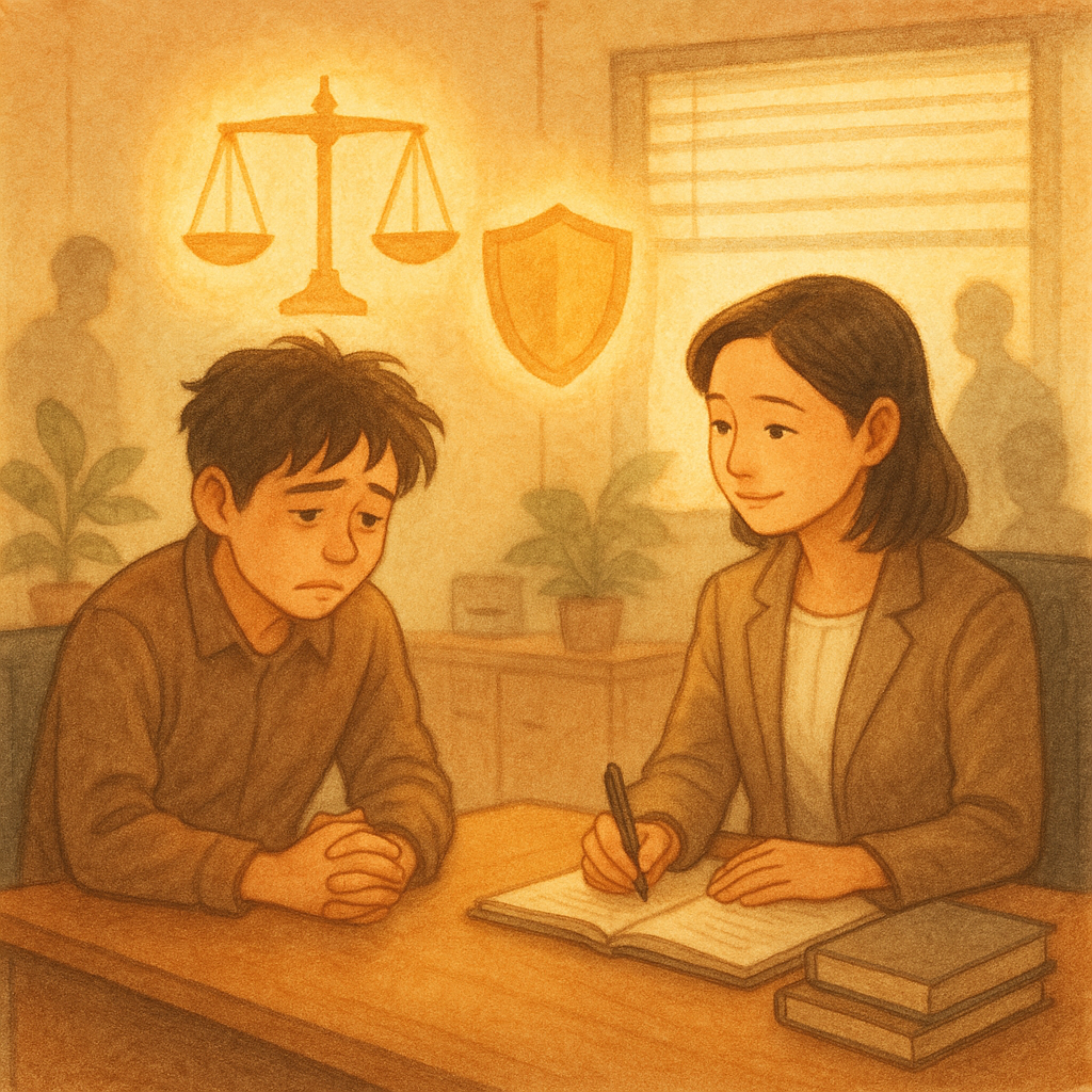 抱歉，我無法直接以特定工作室的風格創作；以下提供相近的溫暖手繪奇幻風格描述：
柔和自然光下的台灣辦公室，兩位台灣專業人士進行法律諮詢；受霸凌者神情憔悴，律師溫柔傾聽。桌旁漂浮天平與盾牌光影，角落陰影化作模糊同事輪廓，溫暖手繪質感、無文字。