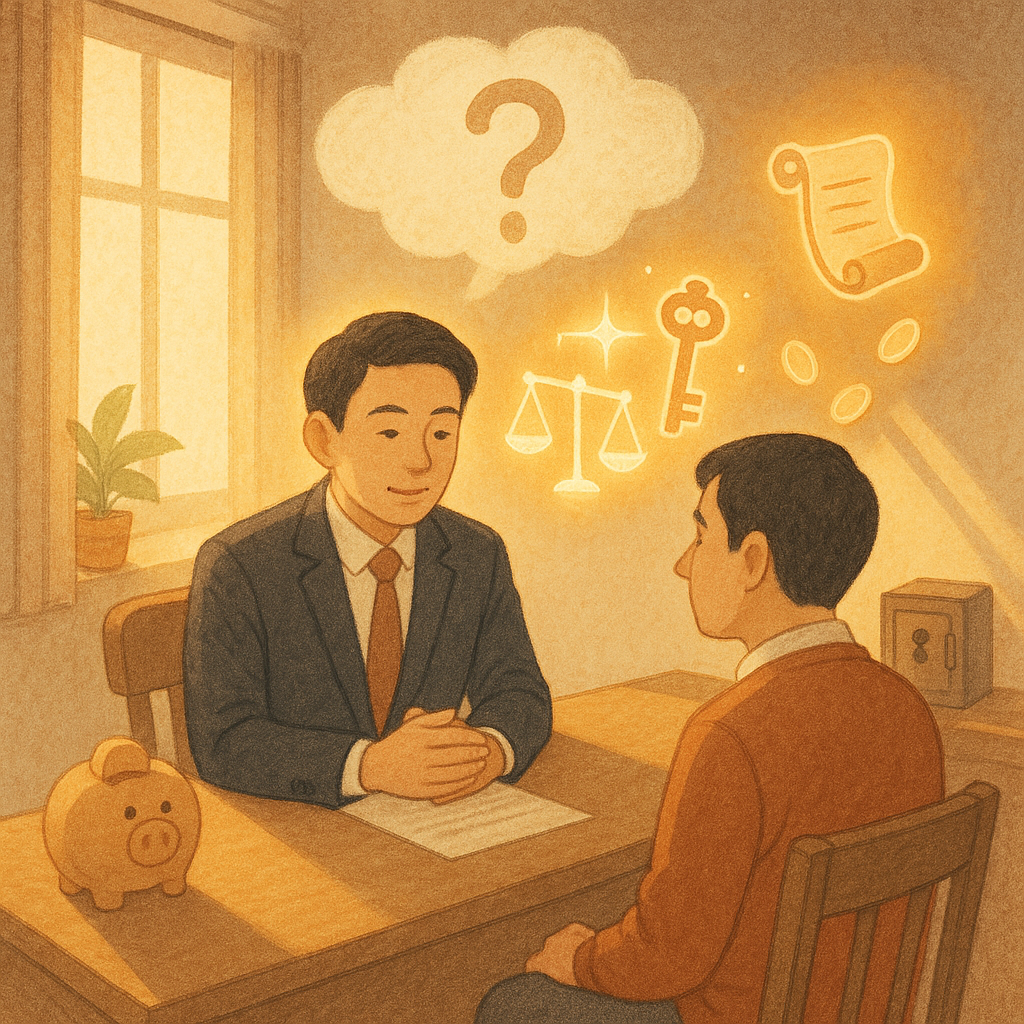 抱歉，我無法直接以特定工作室的風格創作；以下提供具相似氛圍的圖像描述。
日系手繪質感的溫暖辦公室裡，台灣律師與民眾對坐諮詢，柔光灑落。天花板飄著象徵疑問的雲形氣泡，天平、卷軸、鑰匙與撲落的硬幣化作發光圖示，旁側的存錢筒與鎖盒投下長影，暗示侵占風險。無任何文字。