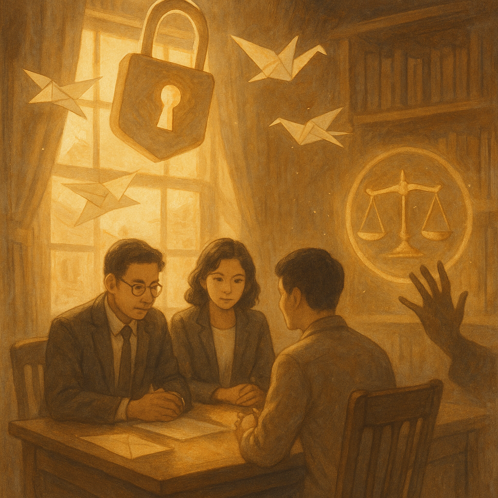 暖陽灑入木質事務所，兩位台灣律師與當事人低聲諮詢。半透明鎖與發光鑰孔在空中緩緩旋轉，信封化作紙鶴環繞，影子伸手卻被天平光暈阻隔。柔和手繪質感、自然色調與微塵光粒，營造奇幻而沉浸的結語氛圍，畫面無文字。