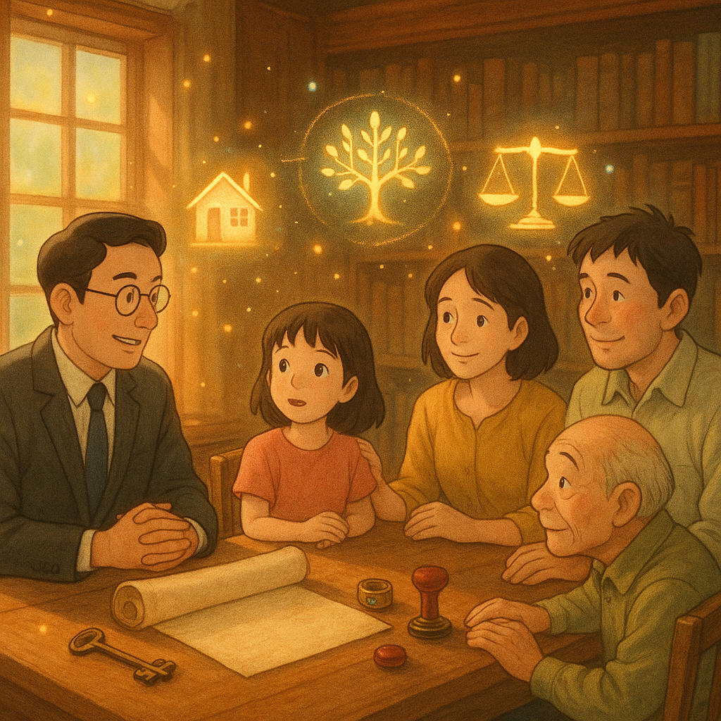 陽光灑入木質書房，台灣律師與一家三代圍坐溫談；桌上無字卷軸、鑰匙、印章與祖傳戒指。疑惑化為柔光點環繞，並漂浮房屋、家譜樹與天秤圖示，吉卜力式手繪質感，柔色電影光，魔幻而溫暖。