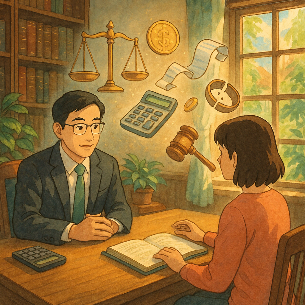 吉卜力風的溫暖、夢幻律所場景，台灣律師與當事人對談；自然光灑落，手繪質感與細膩細節。天秤、硬幣、計算機、發票卷軸、破碎戒指與法槌化作漂浮圖像，象徵律師費、訴訟費與轉由對造負擔的抉擇；畫面無文字。