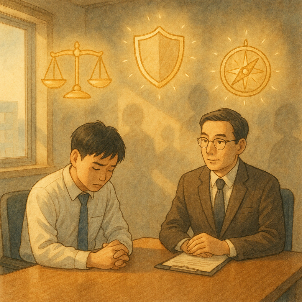 柔光辦公室裡，台灣上班族低眉坐於會議桌，旁有溫和律師聆聽；牆面浮動的模糊陰影象徵職場羞辱；天光灑落，手繪的天秤、盾牌與指南針在空中緩緩發光，指向結論與行動。吉卜力式暖色手繪質感與自然光氛圍環繞。