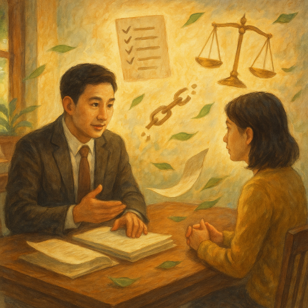 抱歉,我無法直接使用特定工作室的風格;以下提供相近的手繪奇幻電影感描述:
高解析度、溫暖自然光下,台灣律師與當事人在木桌前諮詢,天光化作飄浮清單與天秤、鎖鏈斷裂的象徵;手繪柔色、細膩筆觸,奇幻微風拂動卷宗與葉片,暗示背信罪結論與行動步驟,無文字。