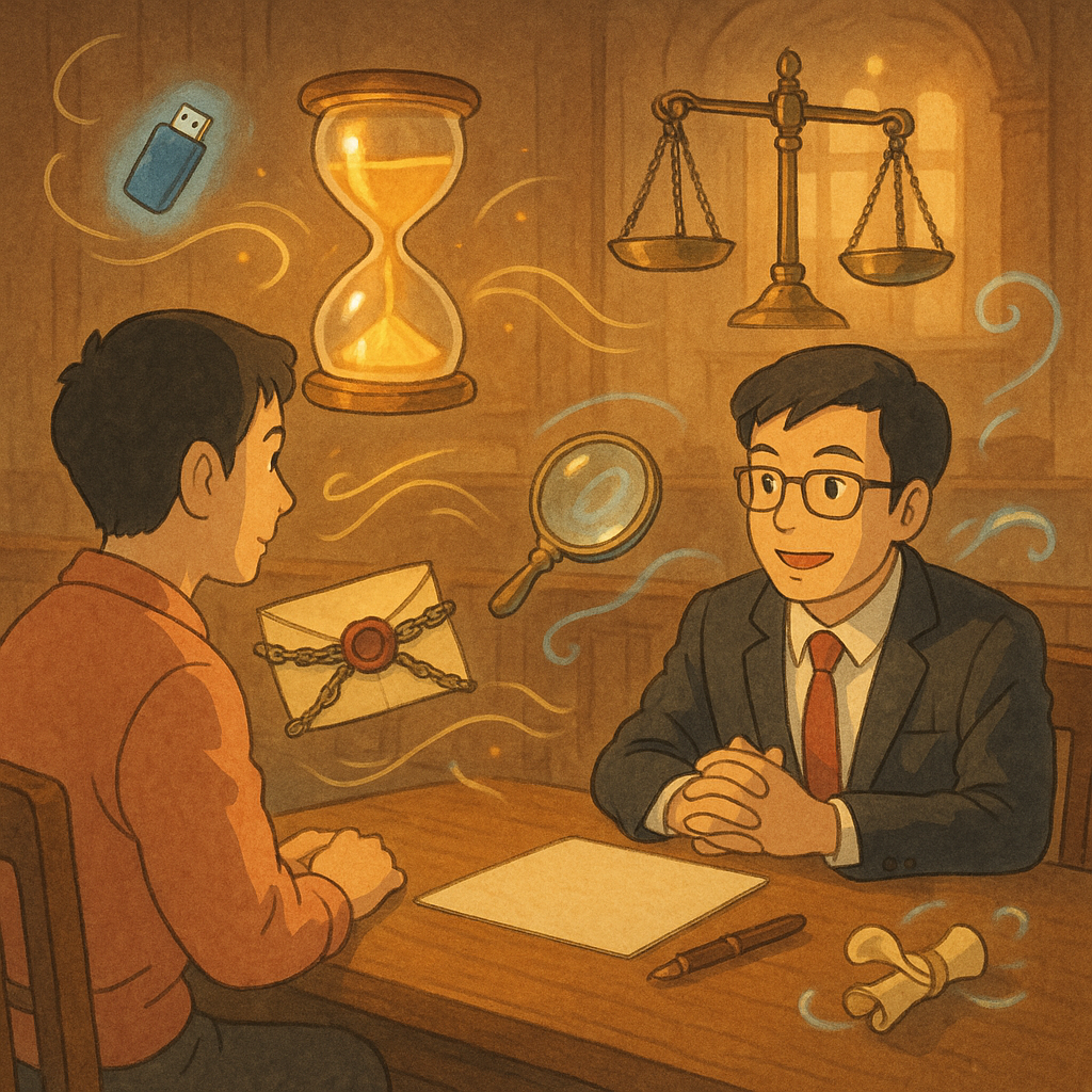 吉卜力風格的暖色法務場景：台灣人律師與當事人於木質會談桌前，發光沙漏、天平與水晶放大鏡緩緩漂浮，封蠟信封纏鎖鏈，縫隙微光化作呢喃風，隨身碟與紙卷化為精靈環繞，遠景若隱法庭光影，手繪質感無字。