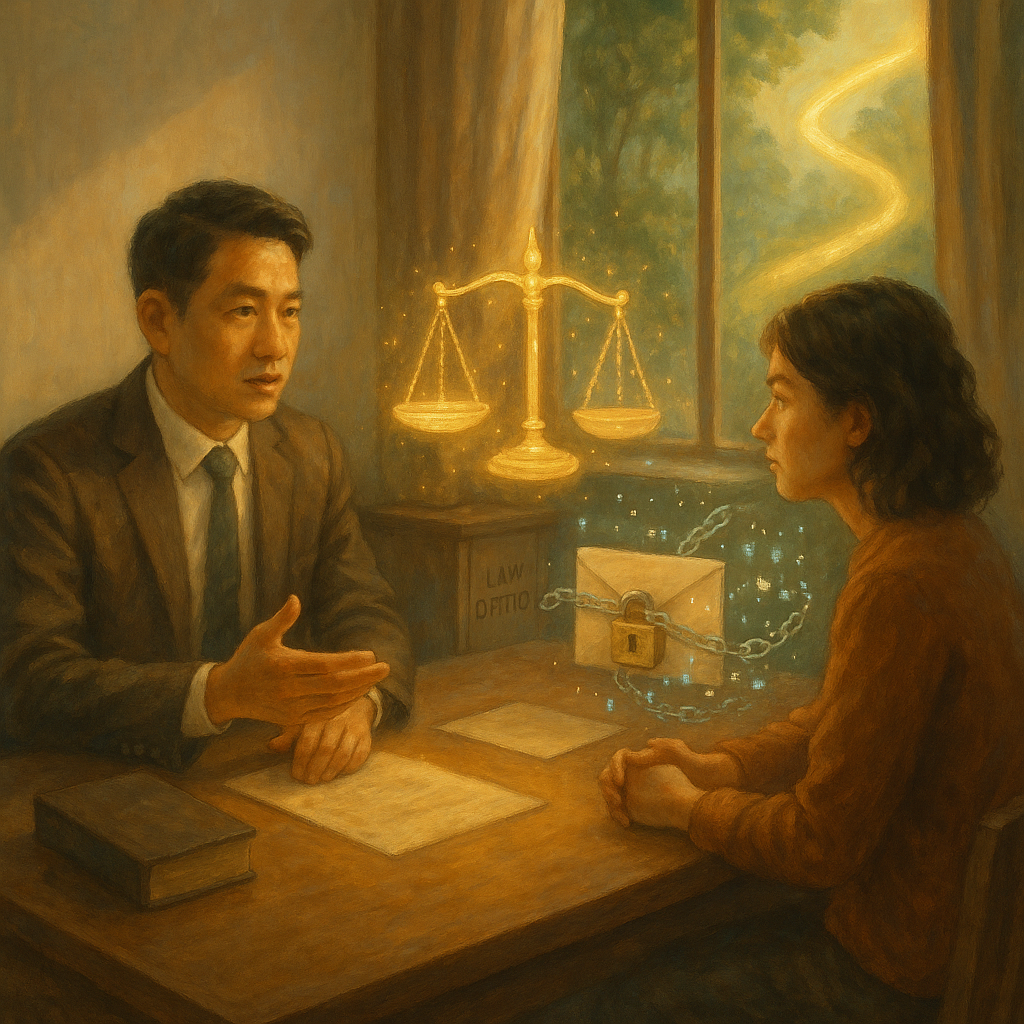 柔色自然光、電影感的溫潤細膩手繪魔幻場景:台灣律師與當事人在陽光事務所諮詢,桌上漂浮發光天秤、上鎖信封與被鎖鏈環繞的數據光點,窗外化作指引光路,呼應洩密罪之結論與行動建議。