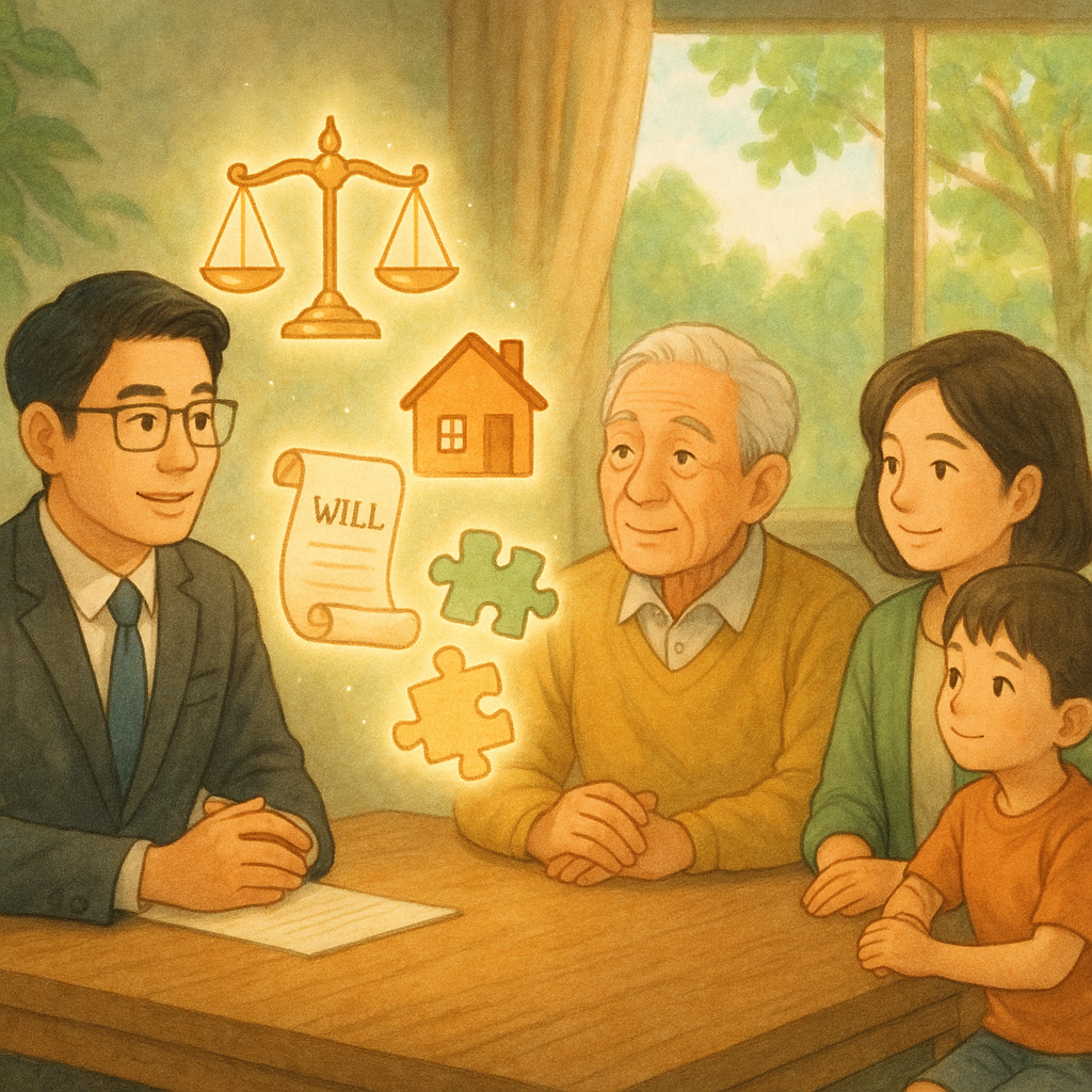 溫暖自然光下,台灣律師與一家三代圍坐木桌相談,旁邊漂浮發光的天秤、家屋、捲起的遺囑與拼圖碎片象徵特留分分配;柔和手繪動畫質感,綠意微風拂動,奇幻而寫實,人物表情細膩專業。