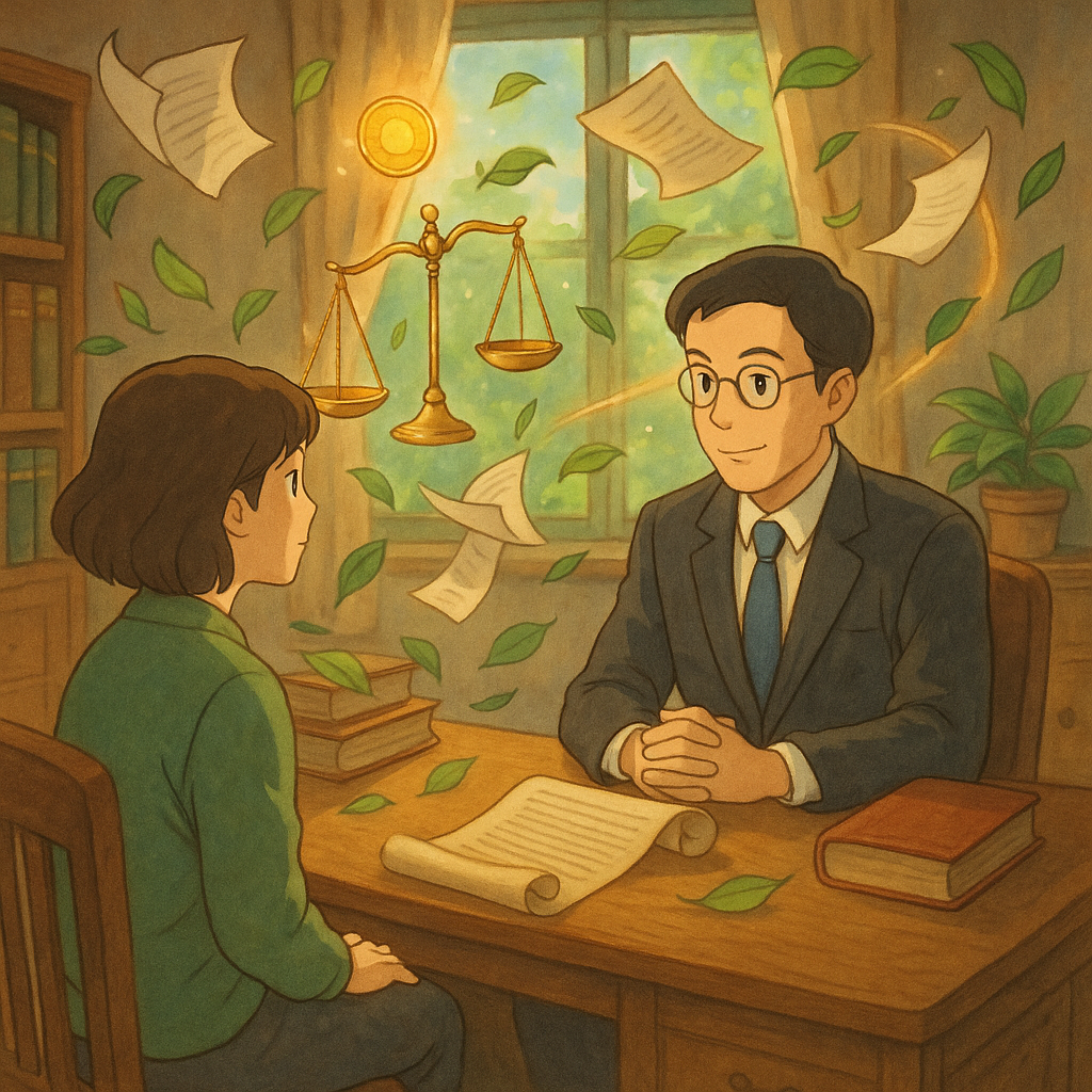 吉卜力風柔光辦公室裡,台灣律師與當事人對坐,天平與發光硬幣在空中回流到原主,合約卷宗與葉片環繞;手繪質感、高解析度、自然光、細節豐富,溫暖奇幻,無文字。