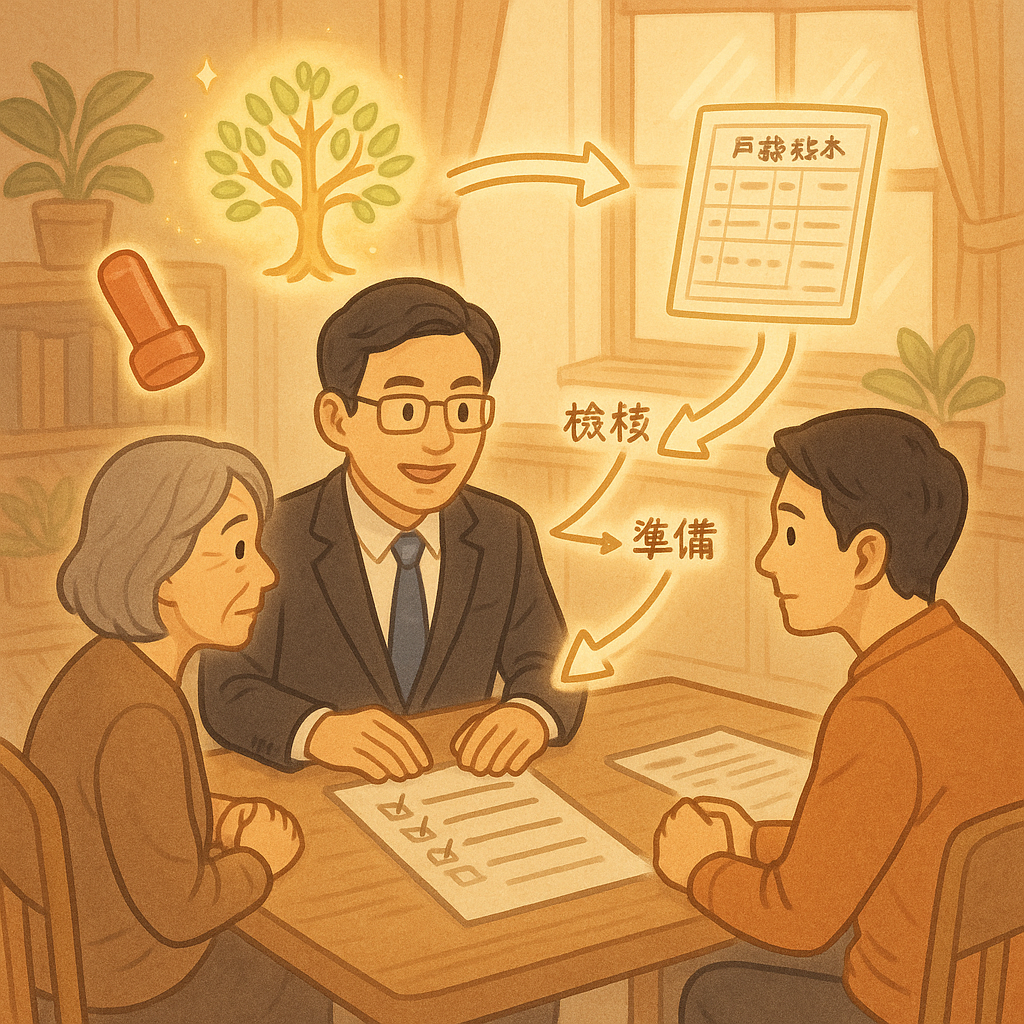 抱歉,我無法直接以特定現代工作室的風格創作,但可提供相近風格描述:
暖陽木質事務所內,台灣律師與家屬圍桌諮詢;柔和色調與高解析度手繪質感中,發光家譜樹、印章、戶籍謄本與清單紙張如精靈環繞,文件化為流程箭頭,引導繼承檢核與準備。