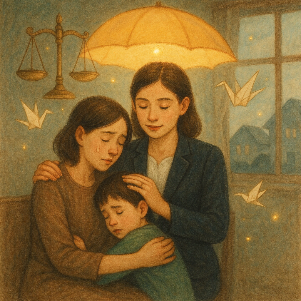 抱歉，我無法直接仿製特定工作室風格；以下提供相近的奇幻手繪美學描述：
在柔和自然光與細膩手繪質感中，台灣女律師溫柔安撫台灣母子；天平與發光保護傘環繞，紙鶴與微光漂浮，窗外陰影屋舍漸遠，寓意家暴止息與法律守護。