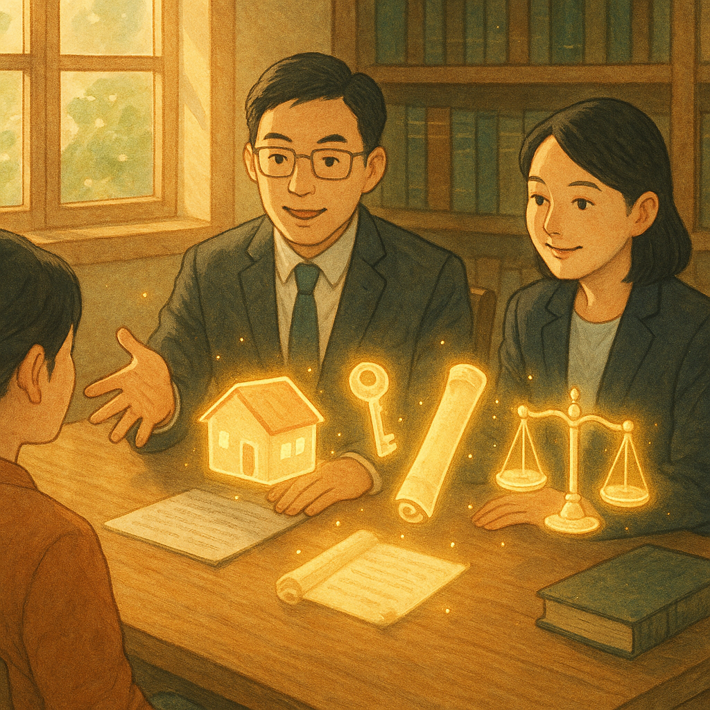 暖陽灑入木質事務所，兩位台灣人律師與民眾在桌邊交流，桌上漂浮發光的房屋、鑰匙、地契卷軸與天秤，化作柔和光粒環繞，象徵所有權與常見疑問；高解析吉卜力風手繪質感、自然色調、無文字。