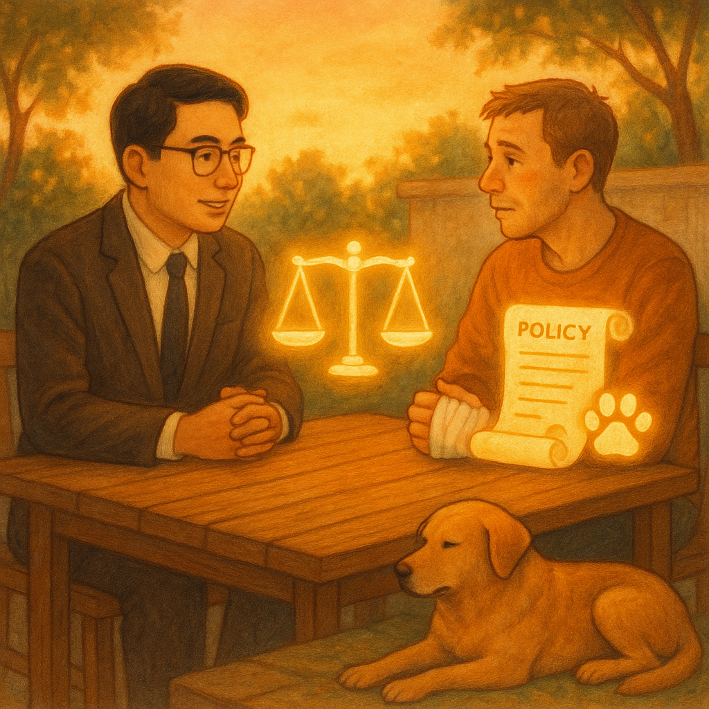 柔和夕光下,台灣律師與受寵物咬傷、手纏繃帶的市民於木桌對談;桌上漂浮發光的天平、保單卷軸與狗爪印圖示,溫暖手繪質感,庭院犬安穩側臥,魔幻而寫實,無文字。