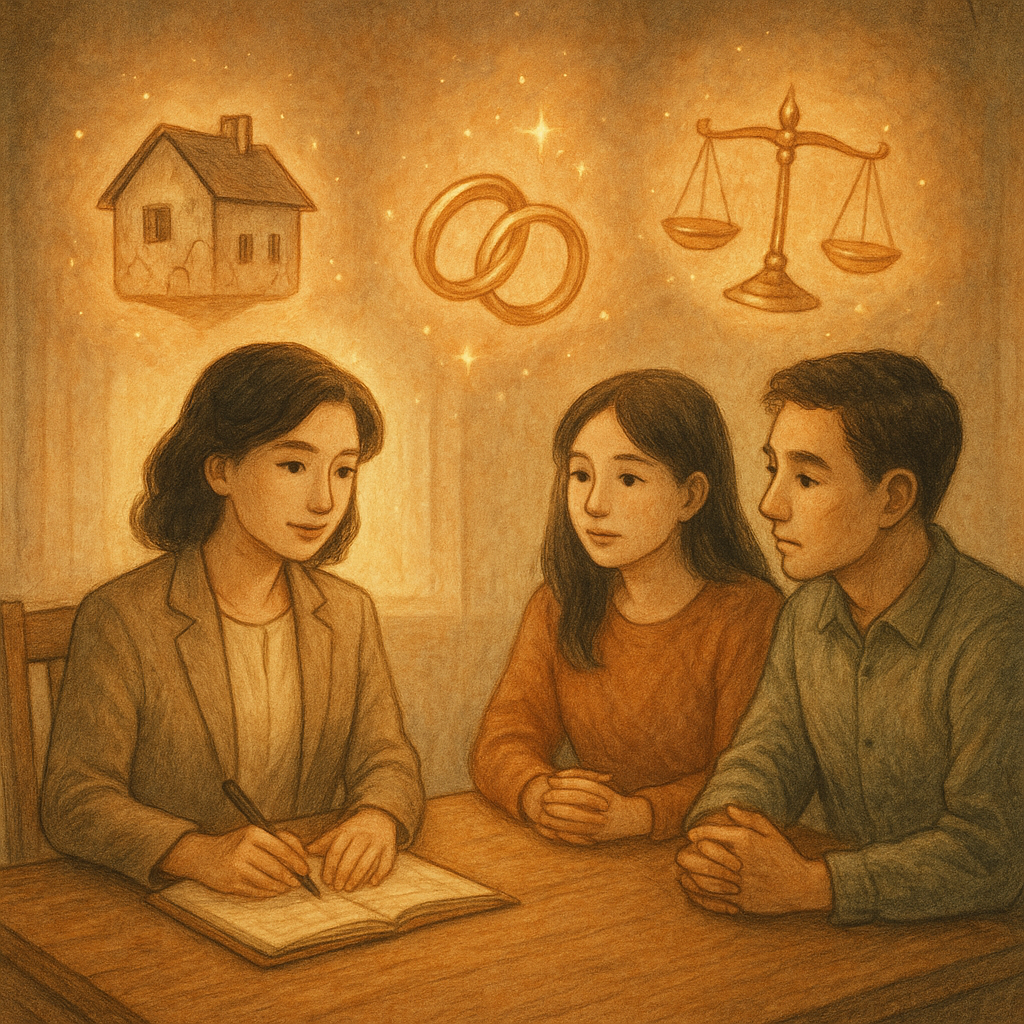 抱歉，我無法直接採用特定工作室的風格；以下提供相近美學的描述。
溫柔自然光下，台灣律師與夫妻在木質會談桌旁；漂浮的帶細裂紋家屋、戒指、天秤與日曆圖像如微光靈火，象徵監護、財產與常見疑問；手繪質感、暖色奇幻氛圍，無文字。