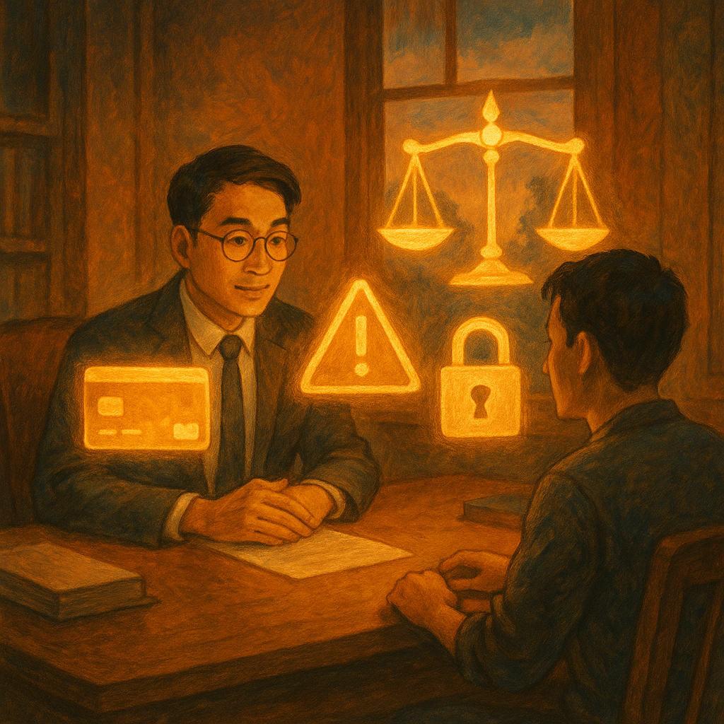 抱歉,我無法直接使用特定工作室的風格。不過我可以提供相似特質的替代描述:
暮色下,台灣律師與民眾於木質辦公室對坐,柔光灑落。桌上浮現發光的銀行卡、警示三角、天秤與鎖的幻影,象徵警示帳戶與法律諮詢。手繪質感、溫暖奇幻氛圍,畫面無文字,電影感構圖。