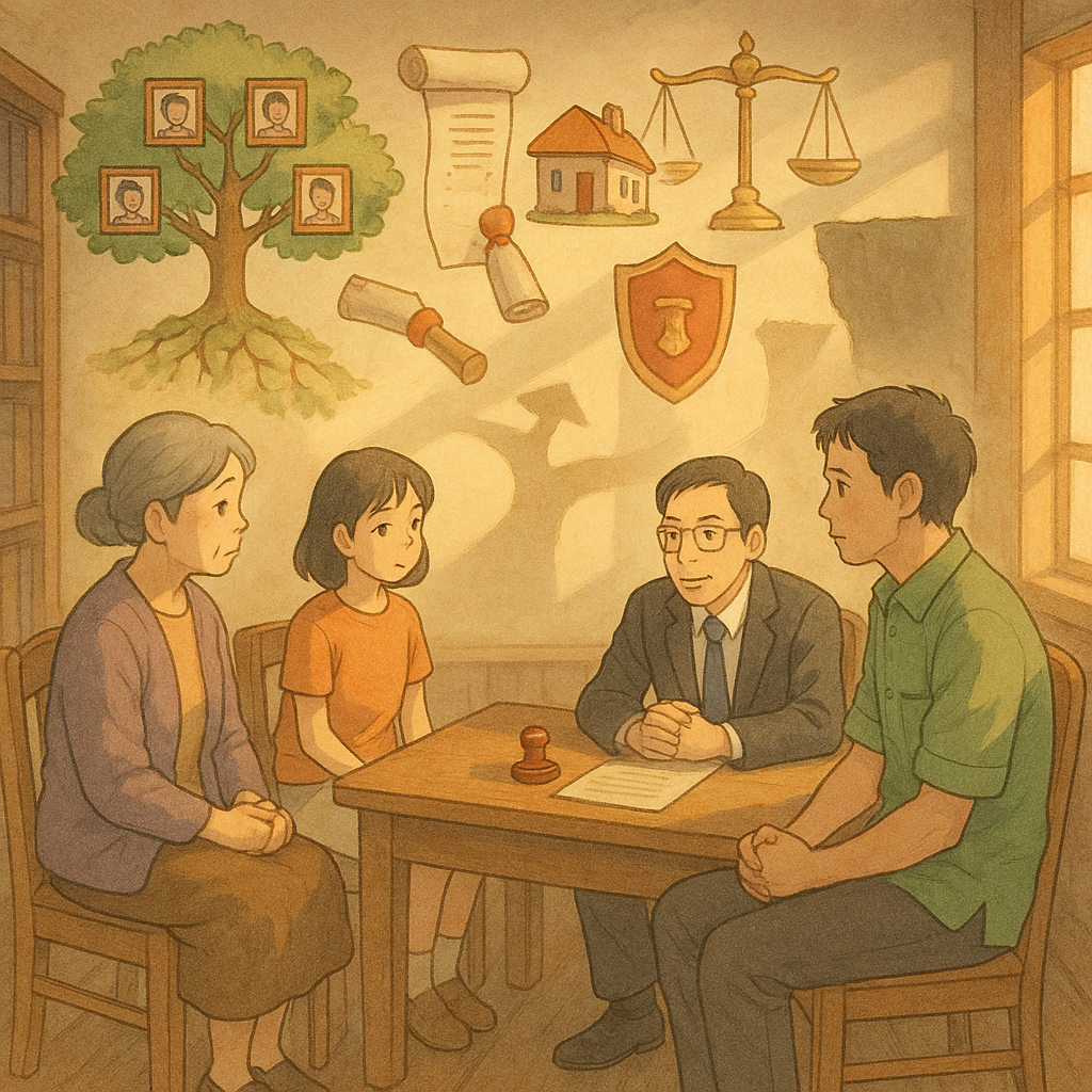 日光灑入溫暖木質事務所,台灣律師與三代家人諮詢,神情細膩;漂浮的家譜樹、房屋與地契卷、印章、天秤、沙漏與盾牌環繞,旁現岔路與懸崖陰影,象徵繼承爭點、拒登與風險控管,吉卜力般柔色手繪、無文字。