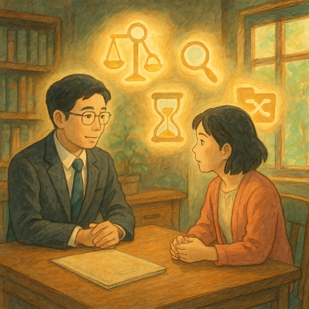 溫潤自然光下,台灣律師與當事人於木質事務所對談,討論再審。周遭漂浮象徵性圖示—天平、放大鏡、沙漏、檔案夾與分岔小徑—化作柔光指引;手繪筆觸、吉卜力風溫暖奇幻,無文字。