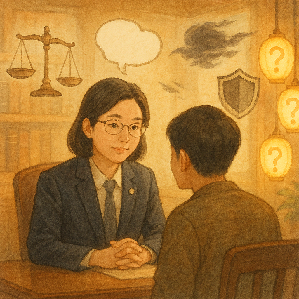 柔光下,高解析度台灣人律師在木質事務所溫柔傾聽台灣民眾,周圍漂浮手繪天平與盾牌、無字對話雲、被風吹散的墨色侮辱雲團;如吉卜力般暖色與自然光影、柔和筆觸,角落幾盞發光的問號燈籠象徵常見問題與法律指引。