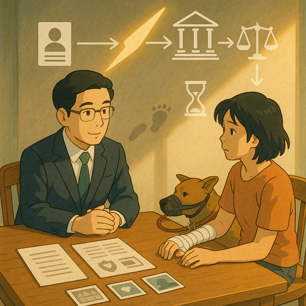 吉卜力手繪風插畫:柔光下,台灣律師與台灣受害者對談,手纏繃帶,旁有戴口套牽繩狗。桌上擺無字文件圖示:報案紀錄、醫療收據、保險單、照片。以光箭頭、法院、天秤、沙漏與腳印串連流程,從報案至起訴,無文字。