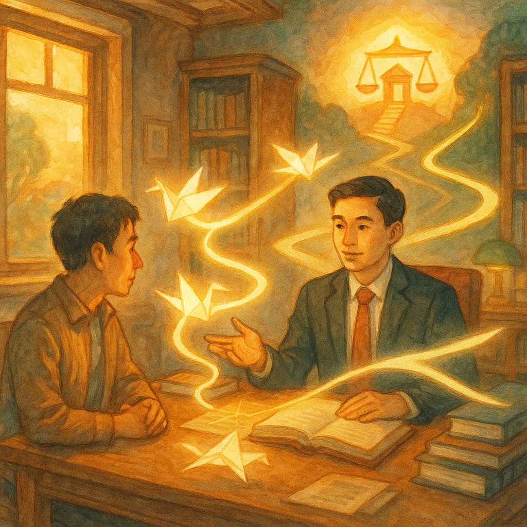 抱歉,我無法直接依特定工作室風格創作;以下提供相近氛圍的描述:
黃昏自然光灑入木質事務所,台灣人律師與當事人對坐,桌上卷宗化作發光紙鶴與路徑圖漂浮;遠處階梯通往發光法院與天秤,象徵上訴之路;分岔光帶標示選案策略與案例研究;手繪質感、柔色、溫暖奇幻,畫面不含文字。