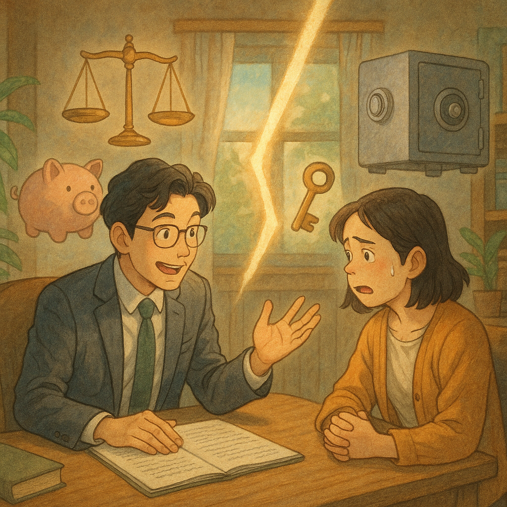 吉卜力風高解析插畫，柔和色調與自然光、手繪質感。台灣律師與民眾在溫暖木質事務所諮詢，表情豐富，空中漂浮天平、豬撲滿、保險箱與鑰匙、分界光帶象徵侵占罪；細膩魔幻、故事感與電影感兼具，氛圍沉浸動人，無文字。