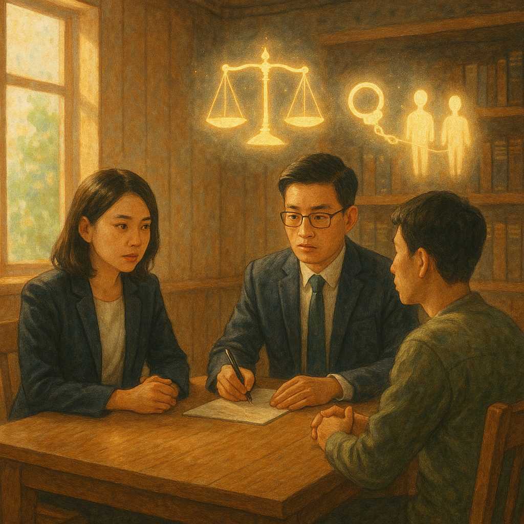 溫暖魔幻的日系手繪風：木質事務所內，兩位台灣律師與一名當事人圍桌諮詢，表情專注；窗外柔光灑入，空中漂浮的發光天秤、手銬與細絲連結兩道人影，象徵幫助犯的關聯與責任；細膩筆觸、自然光影、無文字。