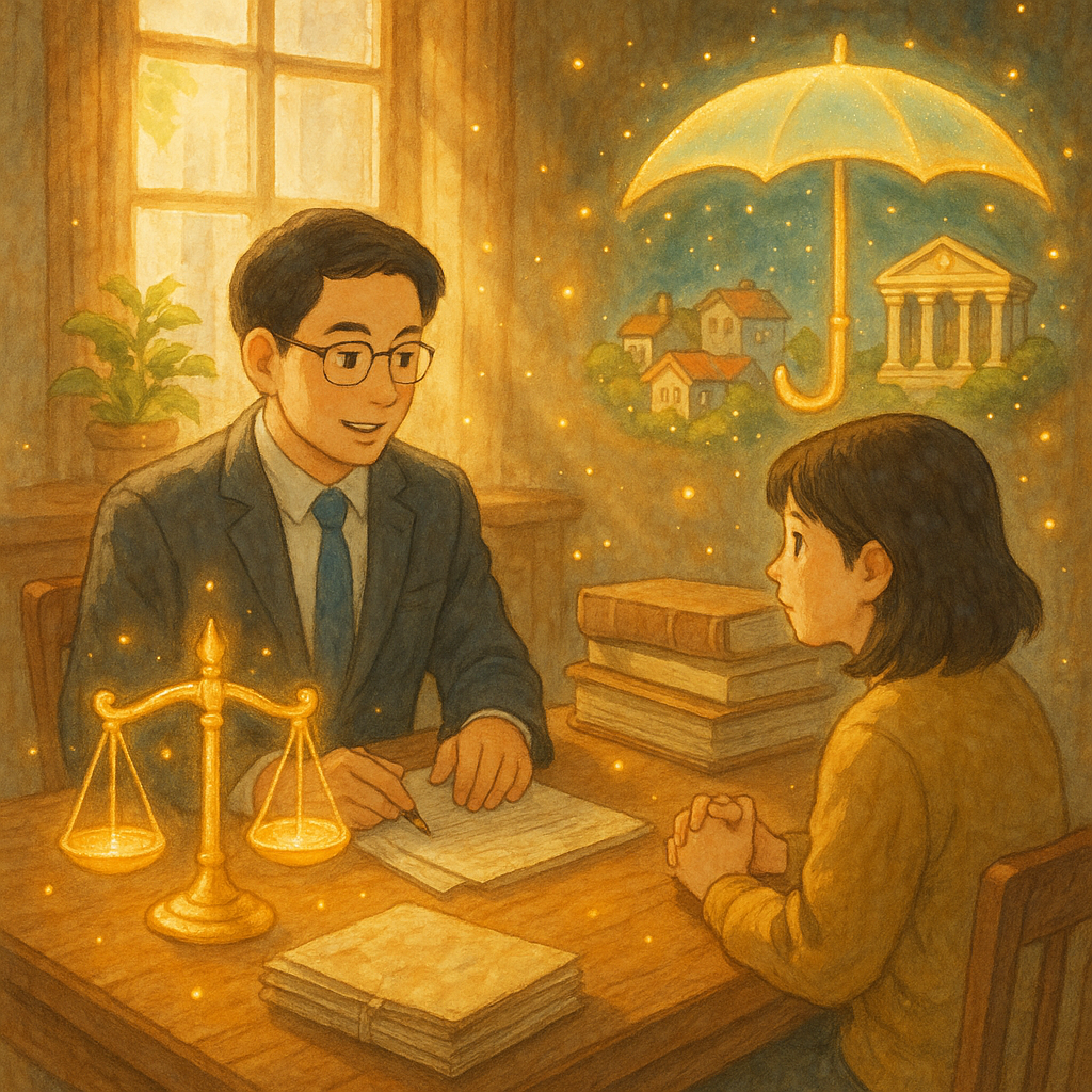 吉卜力風高解析插畫：台灣律師與民眾在溫暖木桌諮詢，柔光灑入。旁現發光天平、護傘覆蓋小城與法院意象，卷宗與光點環繞，寓意國賠與公權責任；自然光與手繪質感營造溫柔奇幻、電影感氛圍。