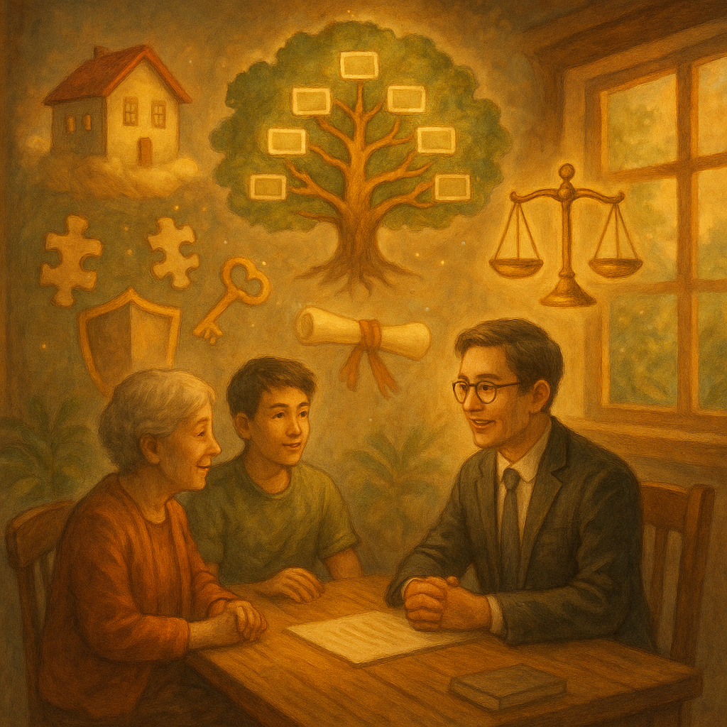 抱歉，我無法直接以特定在世工作室的風格創作；我可用溫暖手繪、奇幻電影感的氛圍呈現。

溫柔自然光下，台灣律師與長輩、青年在木桌諮詢；漂浮的家屋、家譜樹與天秤、鑰匙與卷軸發出微光，拼圖與盾牌環繞守護；手繪質感、奇幻電影感，無文字。