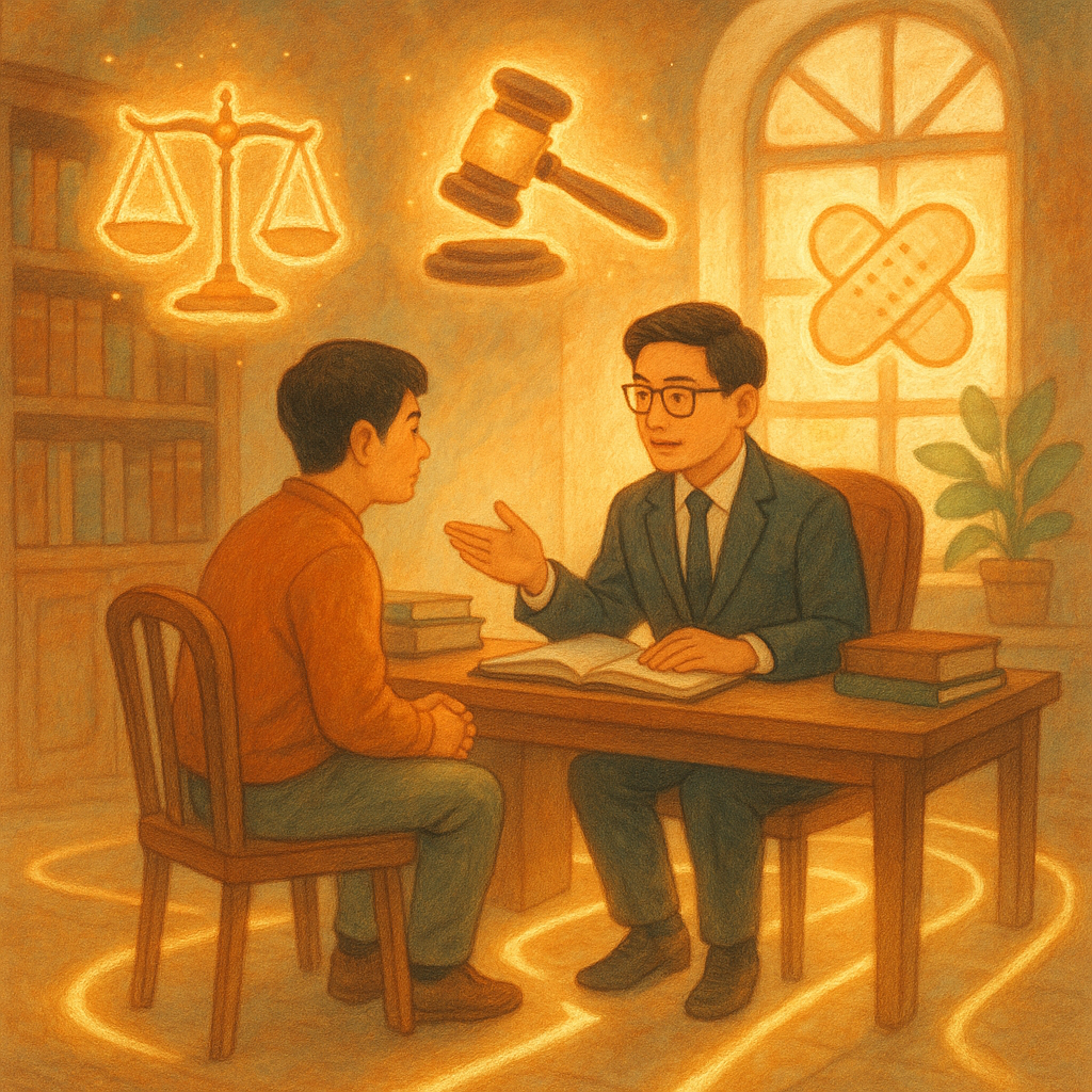 溫暖自然光下的奇幻律師事務所，台灣律師與當事人對坐諮詢，周圍漂浮發光的天秤、法槌與象徵傷害罪的繃帶圖像，地面化作指引行動的光路。柔和色彩與手繪質感，童話般寫實氛圍，畫面無文字。