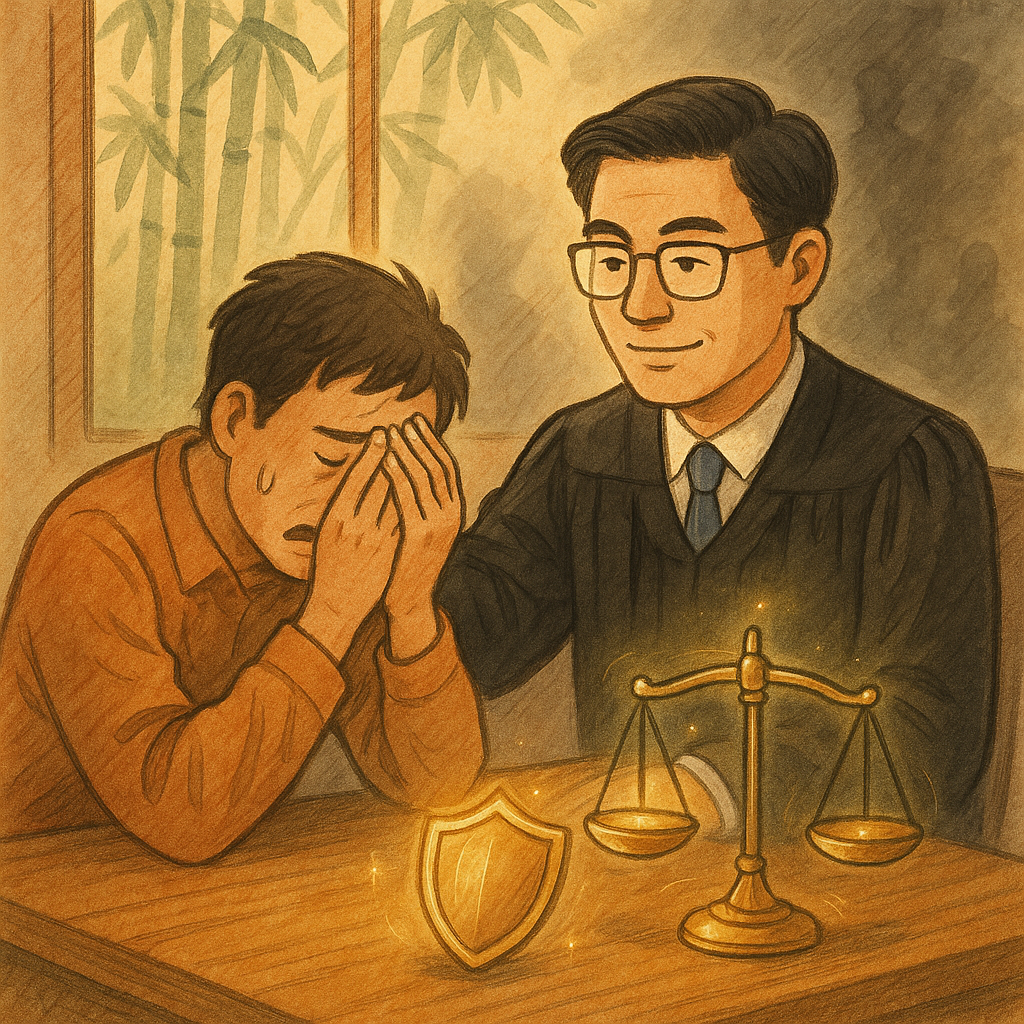 溫暖手繪風中,一位台灣律師在木桌前安撫受驚民眾;窗外竹林透光。桌上天秤與盾牌微光環繞,遠處朦朧陰影漸散,象徵對恐嚇的法律解答與保護。