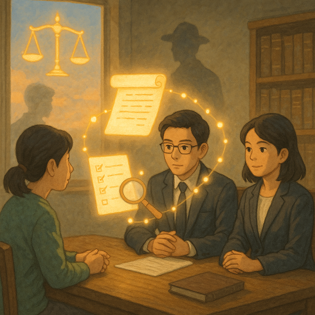 柔和光下，高解析吉卜力風手繪質感的法律事務所；兩位台灣人律師與當事人商討，桌上漂浮發光的卷宗、清單與放大鏡，光點連成流程路徑；天邊天平與隱約影子象徵「幫助犯」角色，溫暖氛圍、奇幻專業，畫面不含文字。