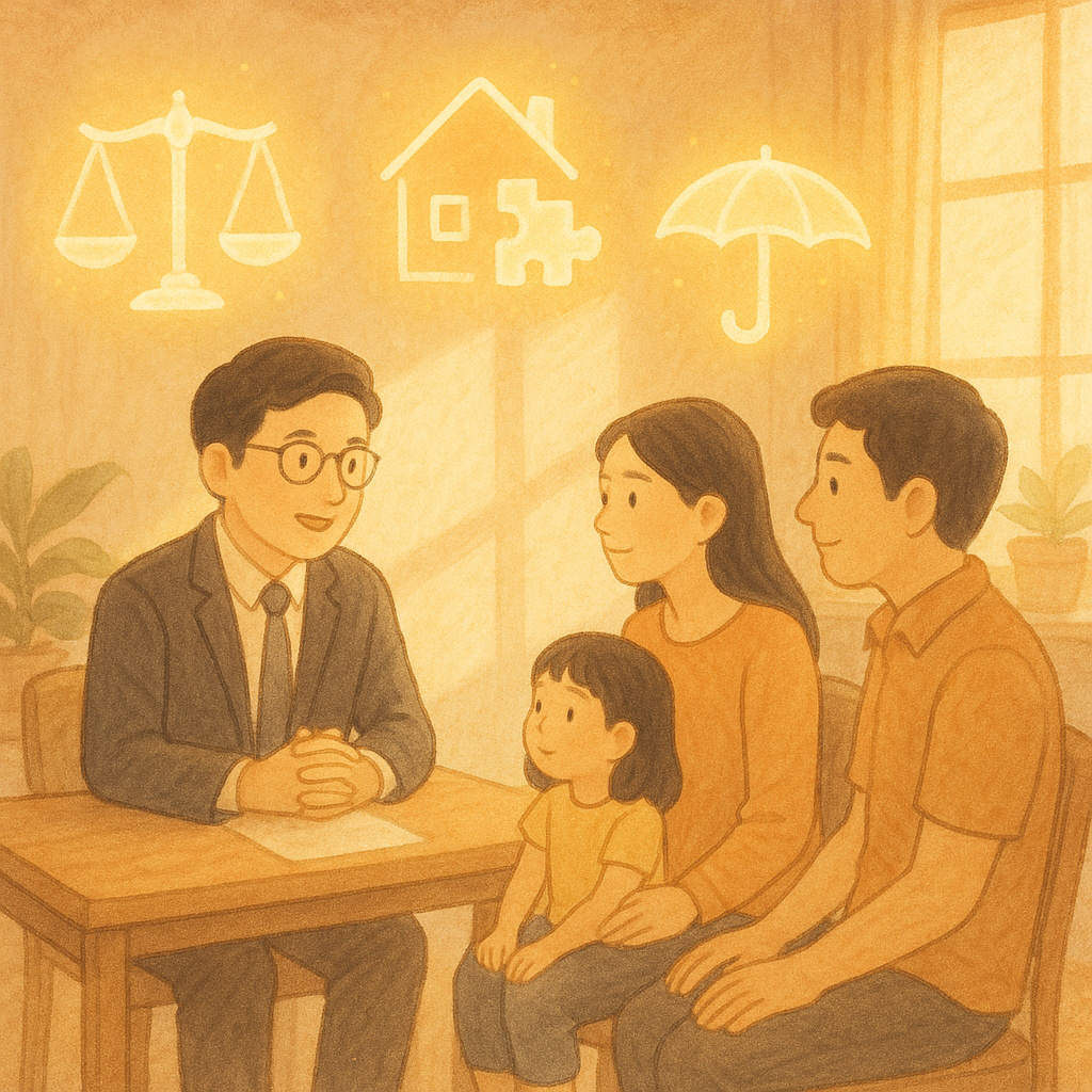 柔和色調的溫暖手繪動畫風，日光灑入的諮詢室裡，台灣律師溫柔地與台灣父母與孩童對談；半透明天平、家屋與拼圖、日曆與保護傘在空中緩緩發光，象徵監護權常見問題的抉擇與保障，畫面無文字。