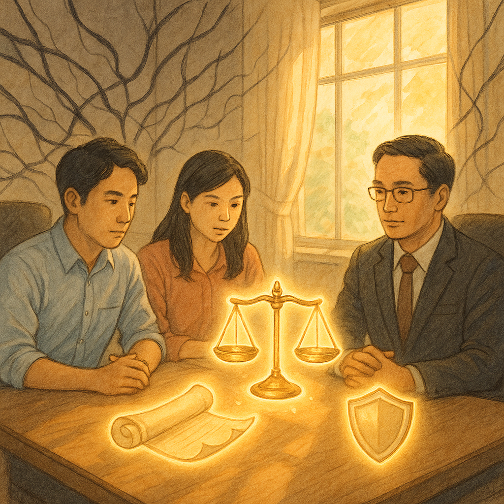 溫柔晨光灑入辦公室,兩位台灣職場人士與律師圍桌而坐,表情專注;桌上發光的天秤、契約卷軸與護盾漂浮,驅散牆面蔓延的黑色絲線,象徵情緒勒索;手繪質感、柔色自然光,奇幻而溫暖。