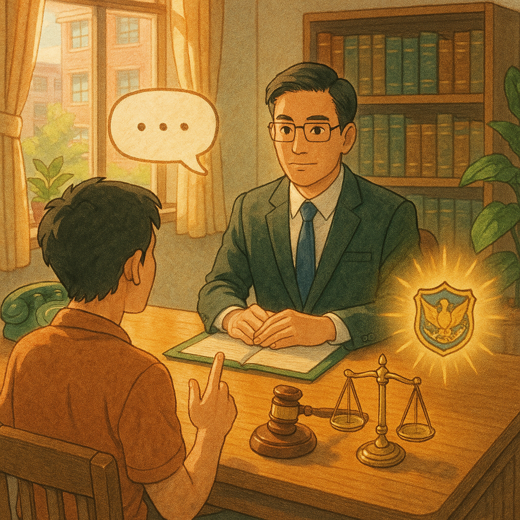 吉卜力風格高解析電影感插畫：溫暖自然光的法律諮詢室，台灣律師與民眾對坐，律師神情專業，民眾示意提問。桌上浮現象徵恐嚇罪的無字訊息氣泡、電話陰影、法槌與天秤、警徽與盾光暈；柔色手繪質感，現實與奇幻交織。