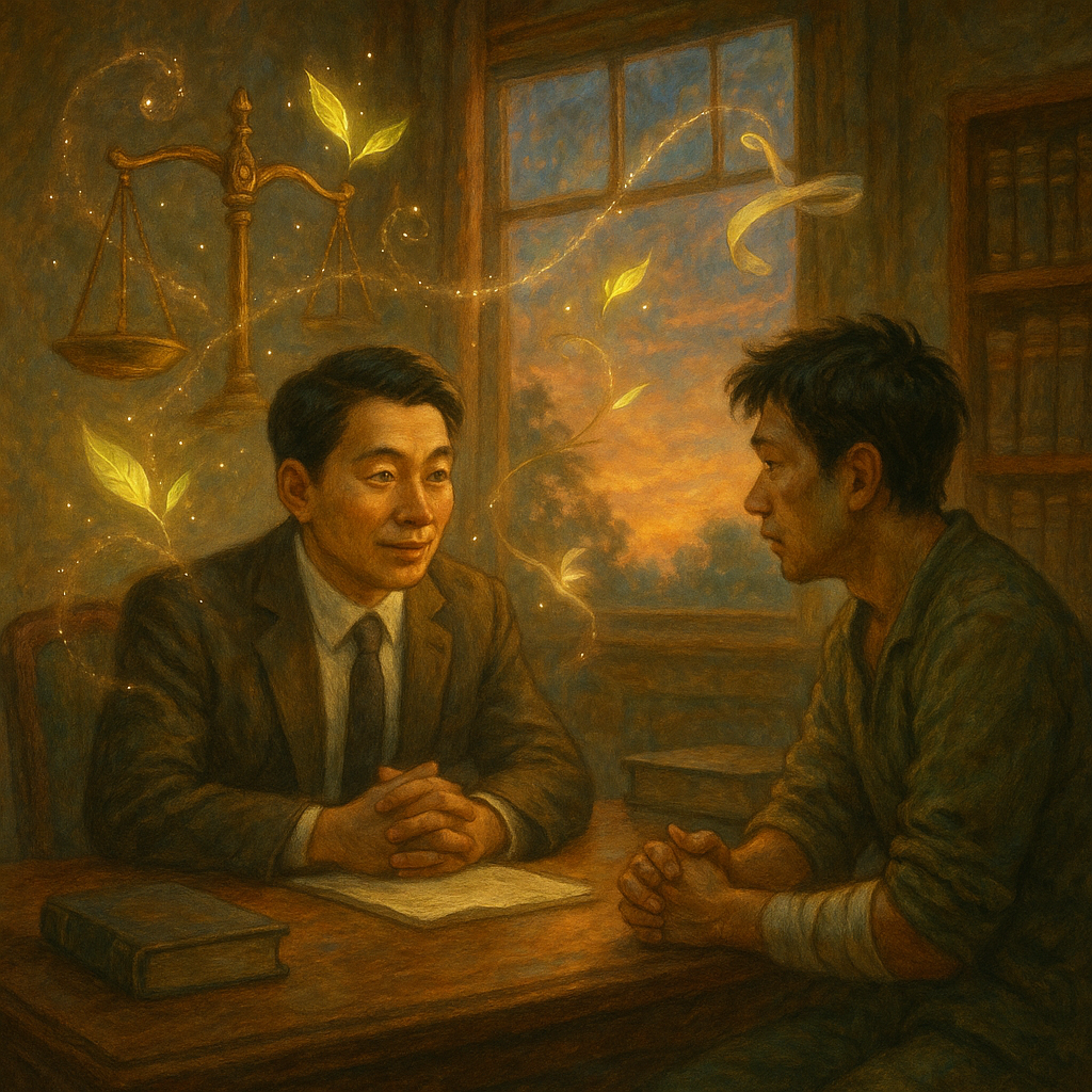 抱歉,我無法直接依特定工作室的風格創作;以下是相近的手繪奇幻電影感風格描述:
黃昏下的溫暖手繪律師事務所,台灣律師與當事人對談;窗外柔光飄入,天秤、發光葉片與繃帶化作精靈環繞,暗示過失傷害與和解;細膩筆觸、自然色調、魔幻卻真實。