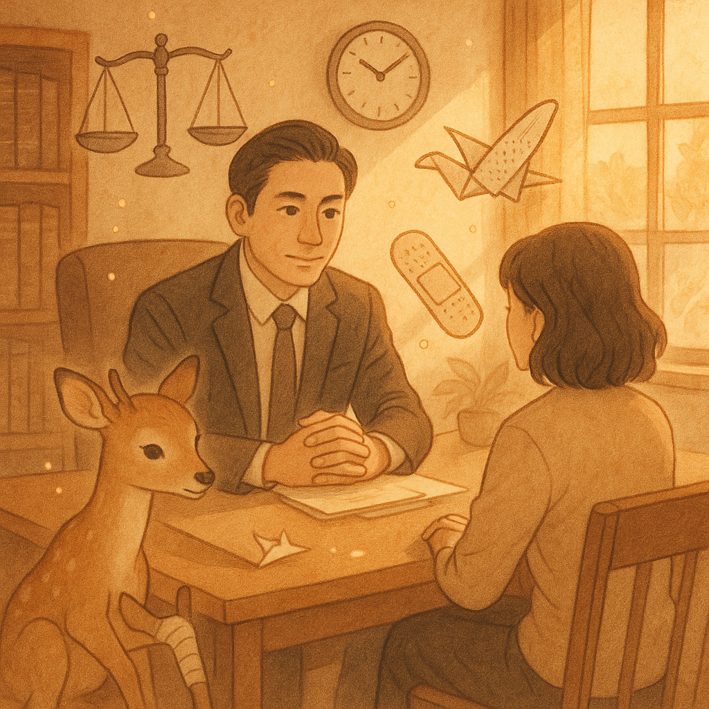 暖色日光灑入木質事務所，台灣律師與當事人沉心諮詢；身旁漂浮手繪天秤、創可貼與時鐘，卷宗化作紙鶴與光點環繞，一隻纏繃帶的小鹿安靜依偎；柔和手繪質感、自然光、無文字。