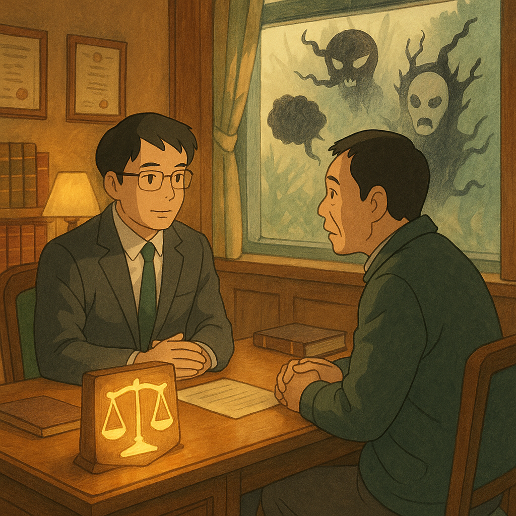 木質暖光的律師事務所裡,台灣律師溫和傾聽台灣當事人;窗外陰影化作帶刺的呢喃與面具飄散。案桌上發光的天秤與盾牌圖像環繞,吉卜力式柔和自然光與手繪質感,溫暖、寫實與奇幻平衡,暗示公然侮辱與常見問題諮詢。