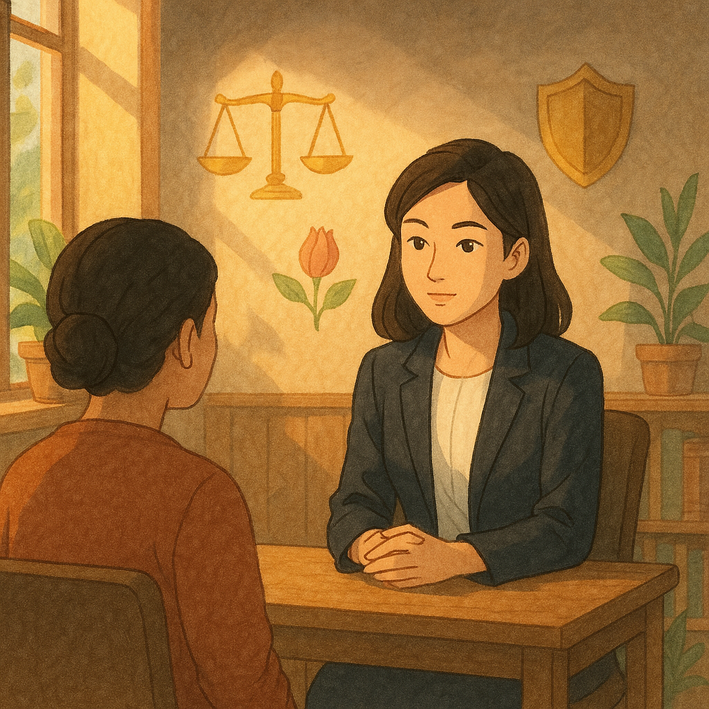 抱歉,我無法直接以特定創作者的風格創作;以下提供相近的手繪動畫風格描述。
溫暖自然光下,台灣人女律師在木質諮商室傾聽當事人;周圍漂浮手繪天平、盾牌與鎖的光影,守護象徵性自主的花蕾,暗影遠退;細膩手繪紋理與植栽營造安全感,無文字。