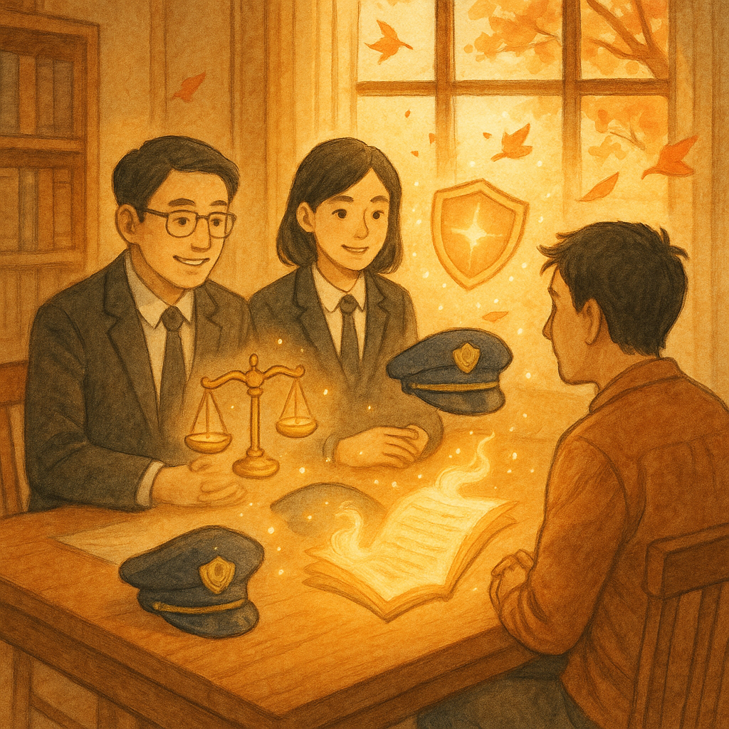 暖陽灑入木質事務所,兩位台灣人律師與民眾圍坐,柔和手繪質感;桌上漂浮的天秤、盾牌、警帽與發光卷宗化作精靈,象徵妨害公務案例解析與勝訴關鍵;窗外微風與飛舞楓葉,營造溫暖而魔幻的諮詢場景。畫面無文字。