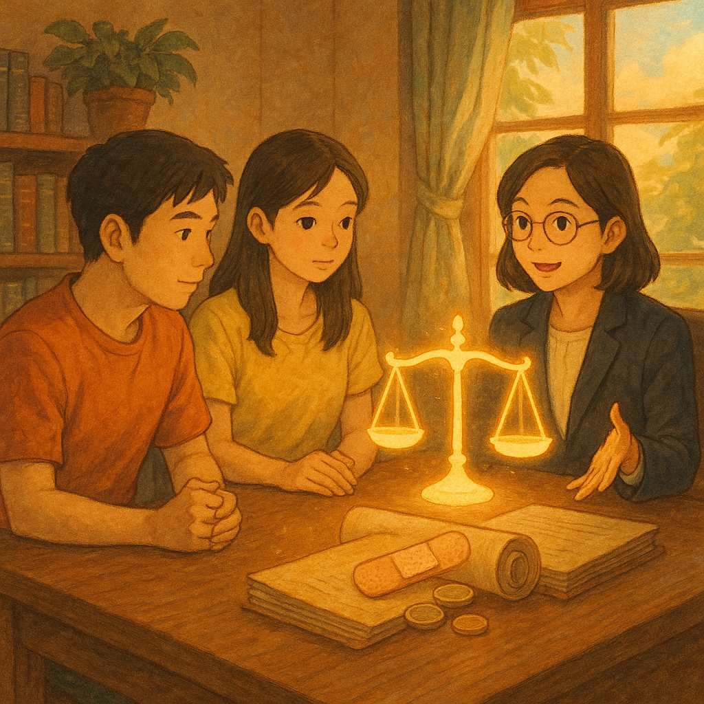 高解析度暖色吉卜力風插畫:台灣男女在溫馨律所諮詢,專業律師溫和指引;桌上浮現發光天秤、卷宗與創可貼、硬幣圖像,窗外自然光微風;手繪質感、魔幻寫實、無文字。