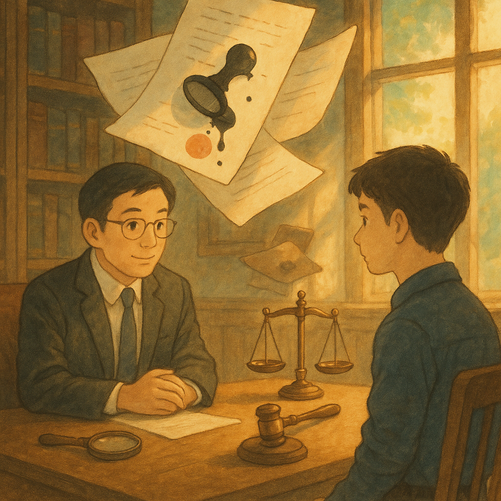 柔光手繪質感的吉卜力風格。台灣律師與當事人在木質書房諮詢,天光灑落;天秤、放大鏡與法槌若隱若現。漂浮的文件上印章化作影子與墨滴,揭示偽造文書的線索。畫面無文字。